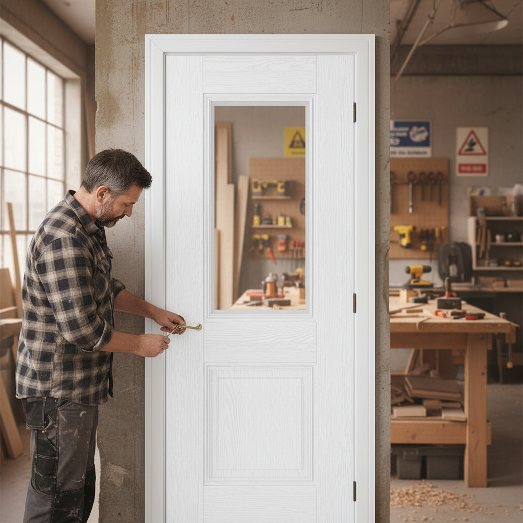 Premium Grained White Internal Door with Clear Bevelled Glazing and Engineered Construction for Strength and Stability