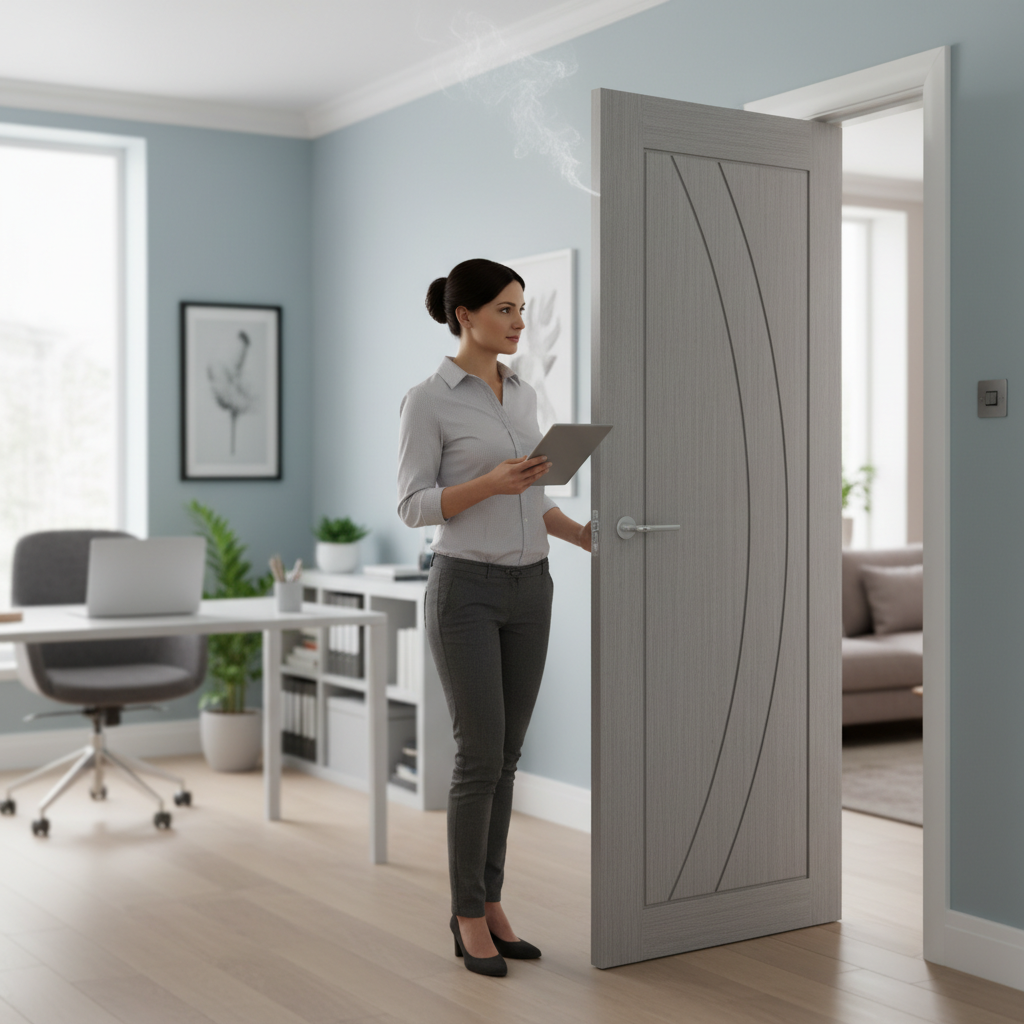 Premium Light Grey Internal Fire Door with Curved Grooves, FD30 Rating, and Solid Construction - Fully Finished, Ready to Hang