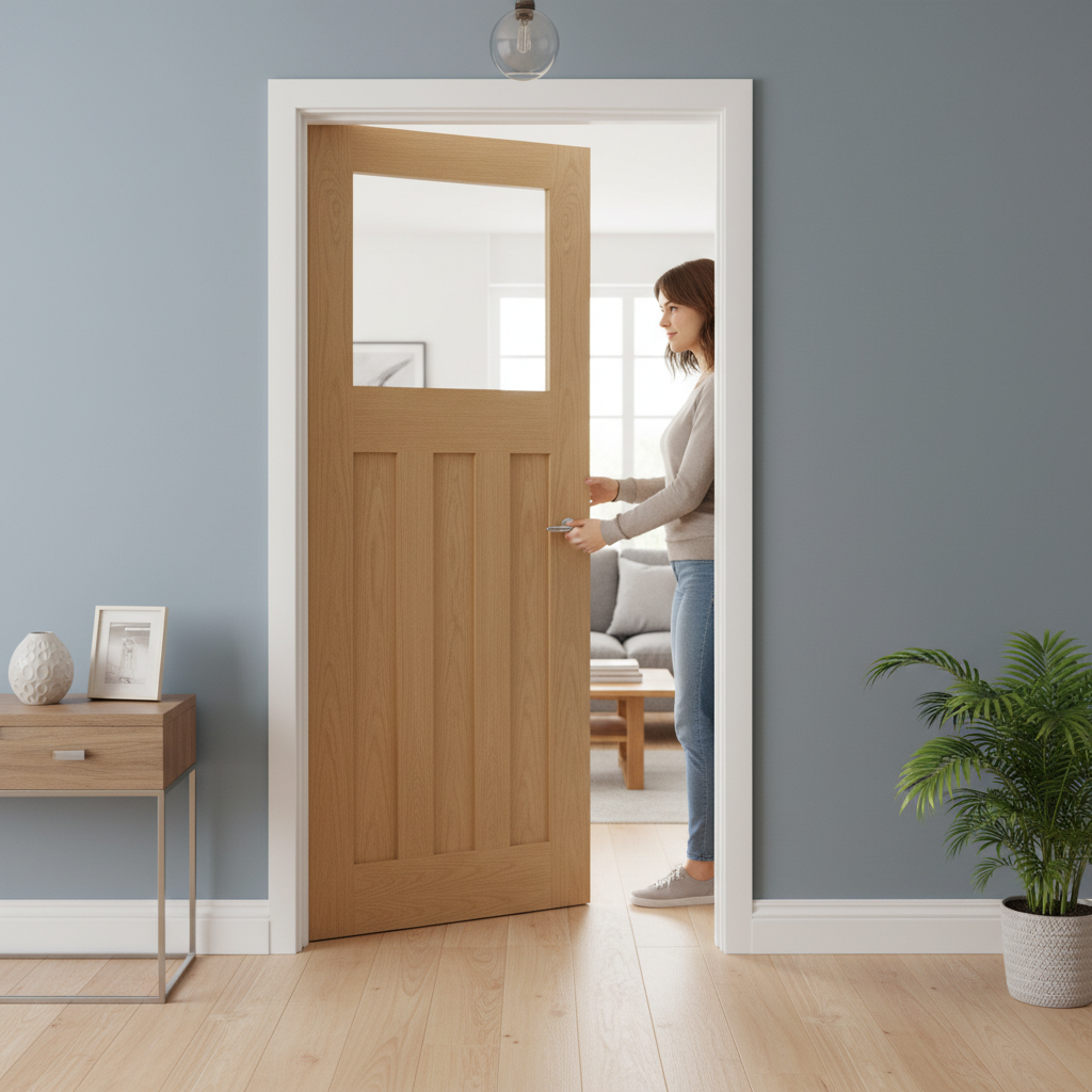 Premium Flat Panel Glazed Internal Door with A-Grade Oak Veneer, Engineered Construction, and Customizable Finish