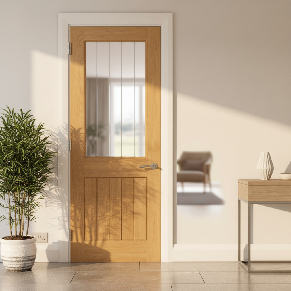 Premium Glazed Oak Internal Door with Clear Toughened Glass and Solid Core Construction for Modern Interiors