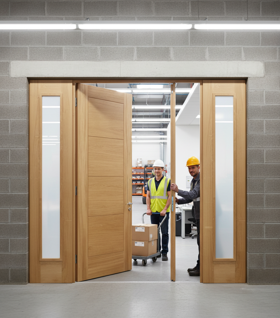 Premium Oak Grand Entrance Door with Matching Sidelights and Flat-Pack Frame for Contemporary Living