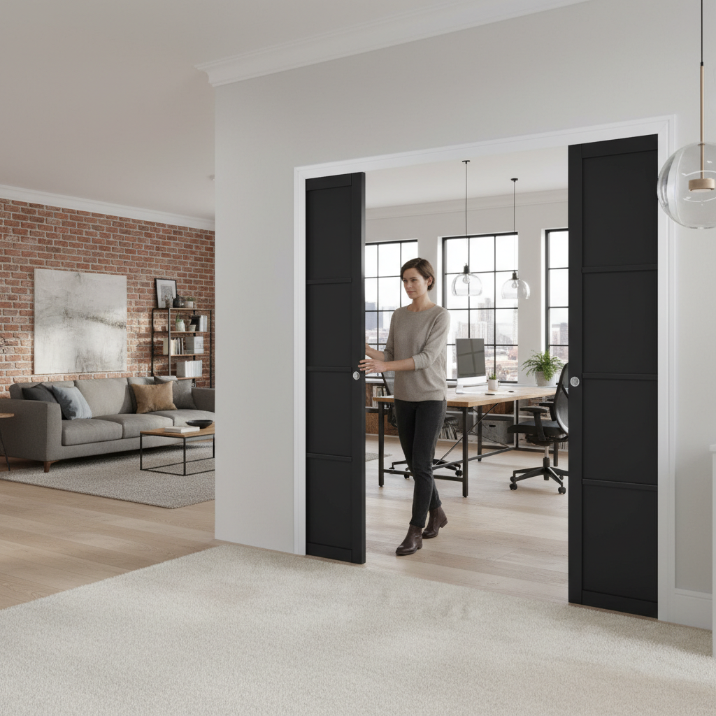 Premium Industrial Style Double Pocket Door Set with Solid Panel Design and Space-Saving Features