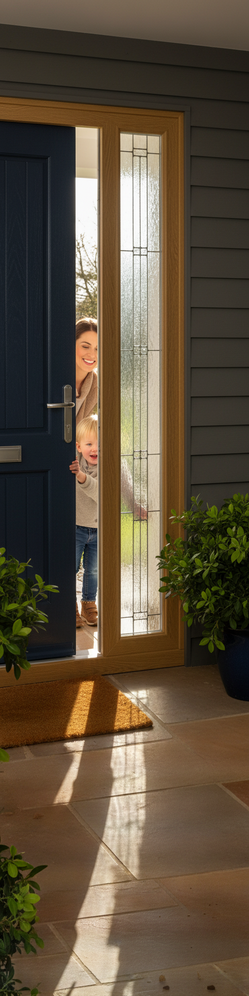 Premium Oak Composite External Sidelight with Decorative Glazing for Enhanced Curb Appeal and Low Maintenance