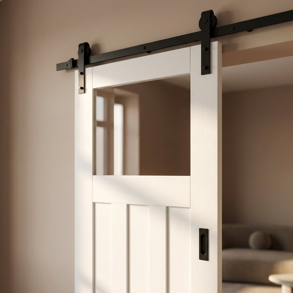 Internal White Sliding Door, Primed Finish, 4mm Clear Glass, Solid Core - detail view