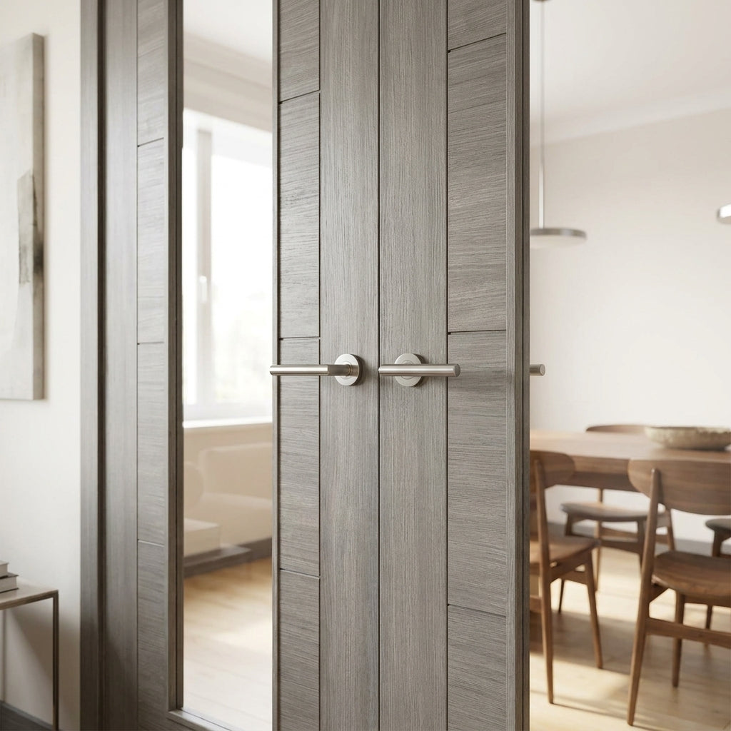 Light Grey Fully Finished Internal Double Door with Clear Glass - detail view