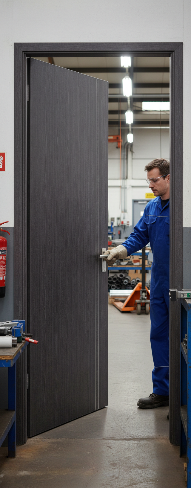 Professional Contemporary Ash Grey Fire Door with Aluminium Inlay - 30-Minute Fire Rated, Solid Core Design for Residential and Commercial Use