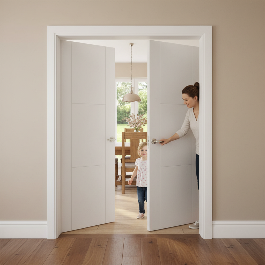 Premium Internal White Primed Trent 3 Panel Pair Door Set - Elegant Minimalist Design for Modern Homes - Image 2