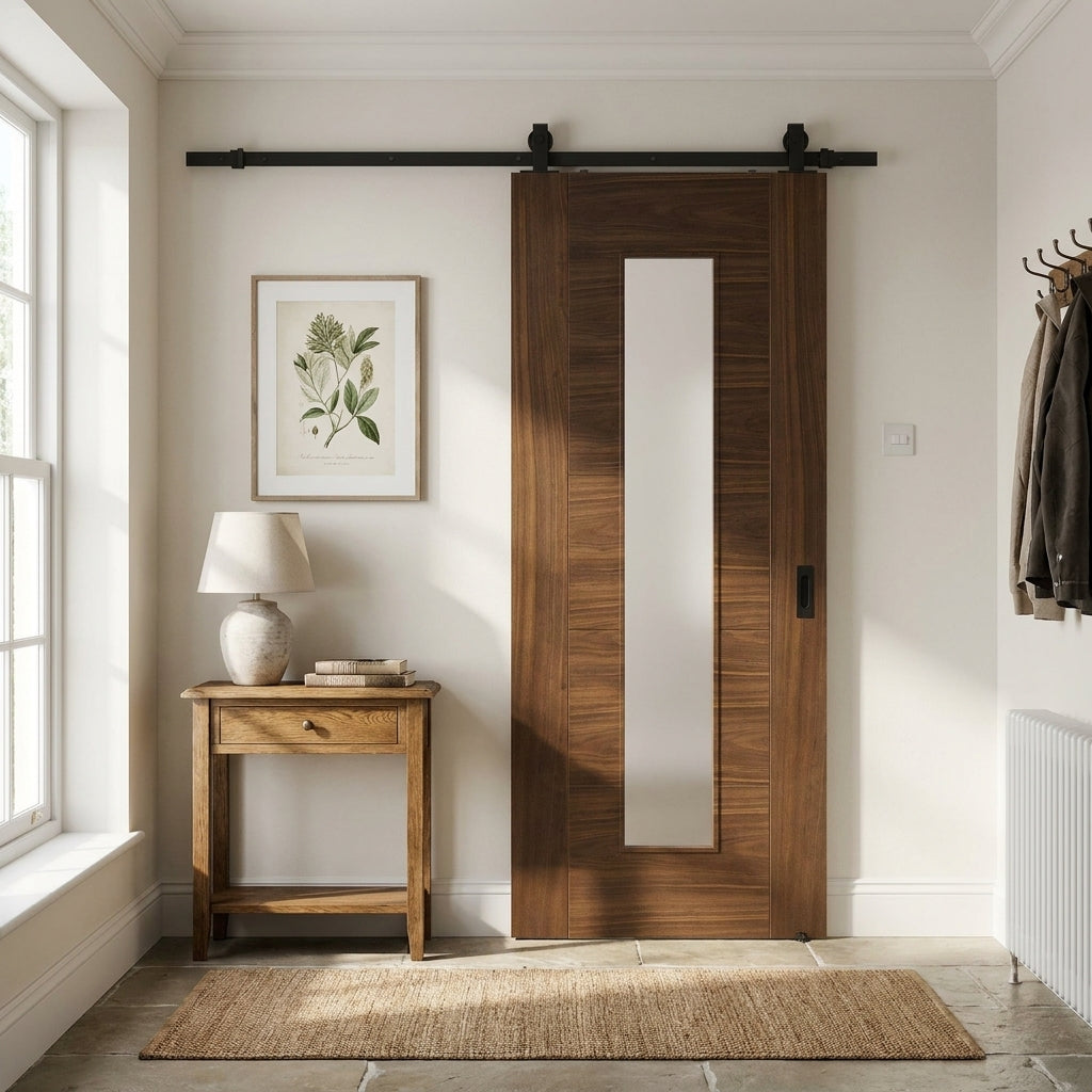 Walnut Internal Sliding Door Fully Finished with 1 Light Clear Glass
