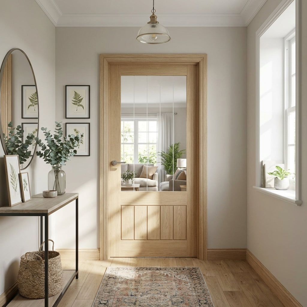 Made-to-Measure Internal Oak Door with 1 Light Obscure Lined Clear Glass