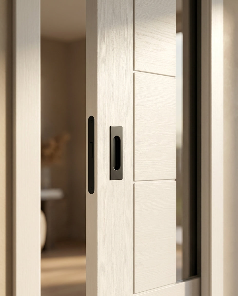 Internal Pocket Door Set, White Primed, 100mm Framed Pedrena 7 Panel - detail view