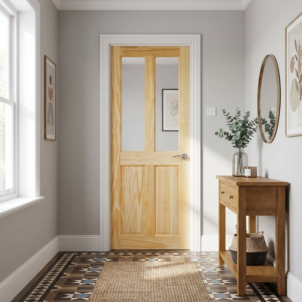 Internal Clear Pine Door Unfinished with 2 Panels and 2 Light Clear Glass