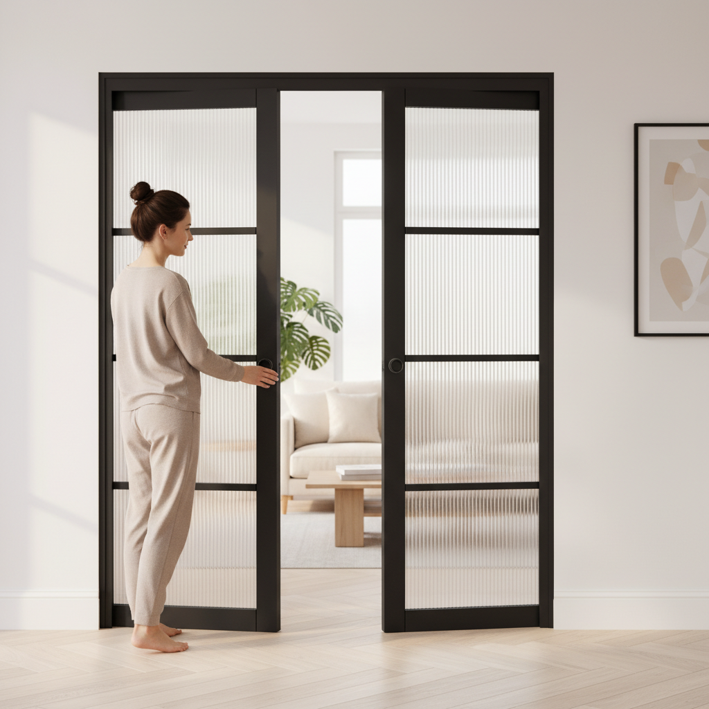 Premium Reeded Glazed Double Pocket Door Set - Stylish Space Divider with Galvanised Steel Frame and Adjustable Jambs