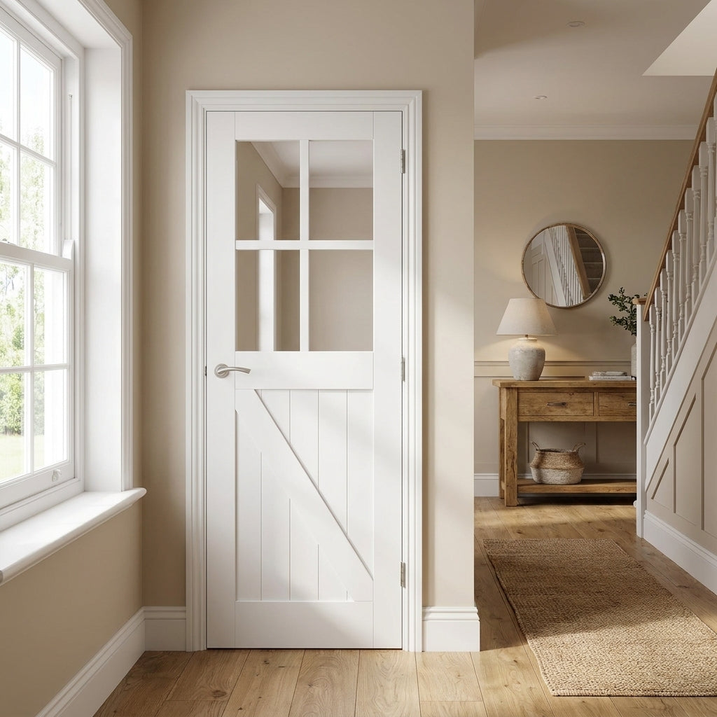 Made-to-Measure White Internal Barn Door with 4 Light Obscure Glass, Primed Finish