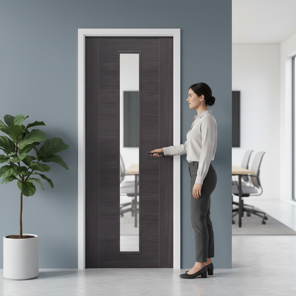 Premium Umber Grey Laminate Door with Clear Glass - Contemporary Design, Low Maintenance Finish, and Semi-Solid Construction