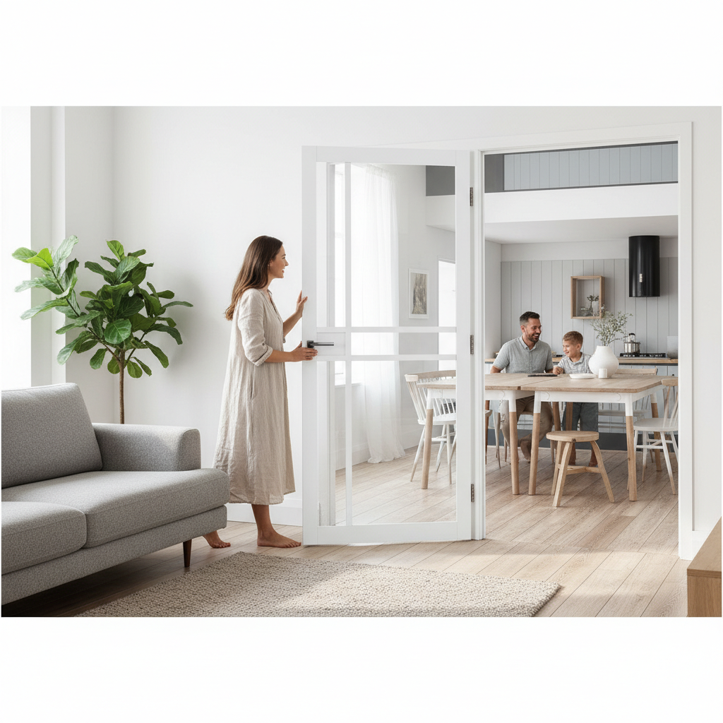 Premium Clear Glazed Industrial Style Door Pair, Solid Core, White Primed Finish with Pocket Door Compatibility