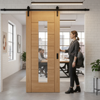Premium Oak Internal Fully Finished Sliding Door with Clear Glass Panel and Black Top Mounted Mechanism - Image 2