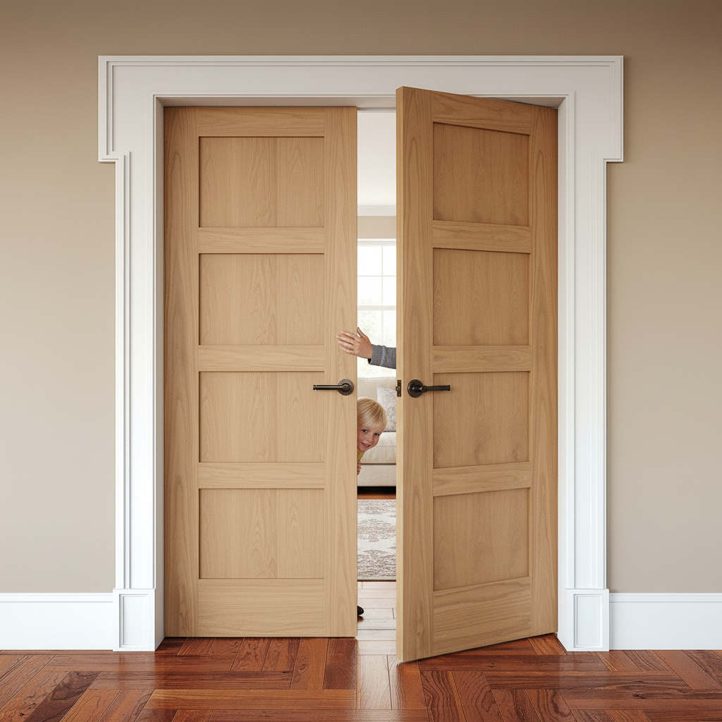 Internal Unfinished Oak Shaker 4 Panel Pair Door Set with Quality Features for Custom Finishing - Image 2