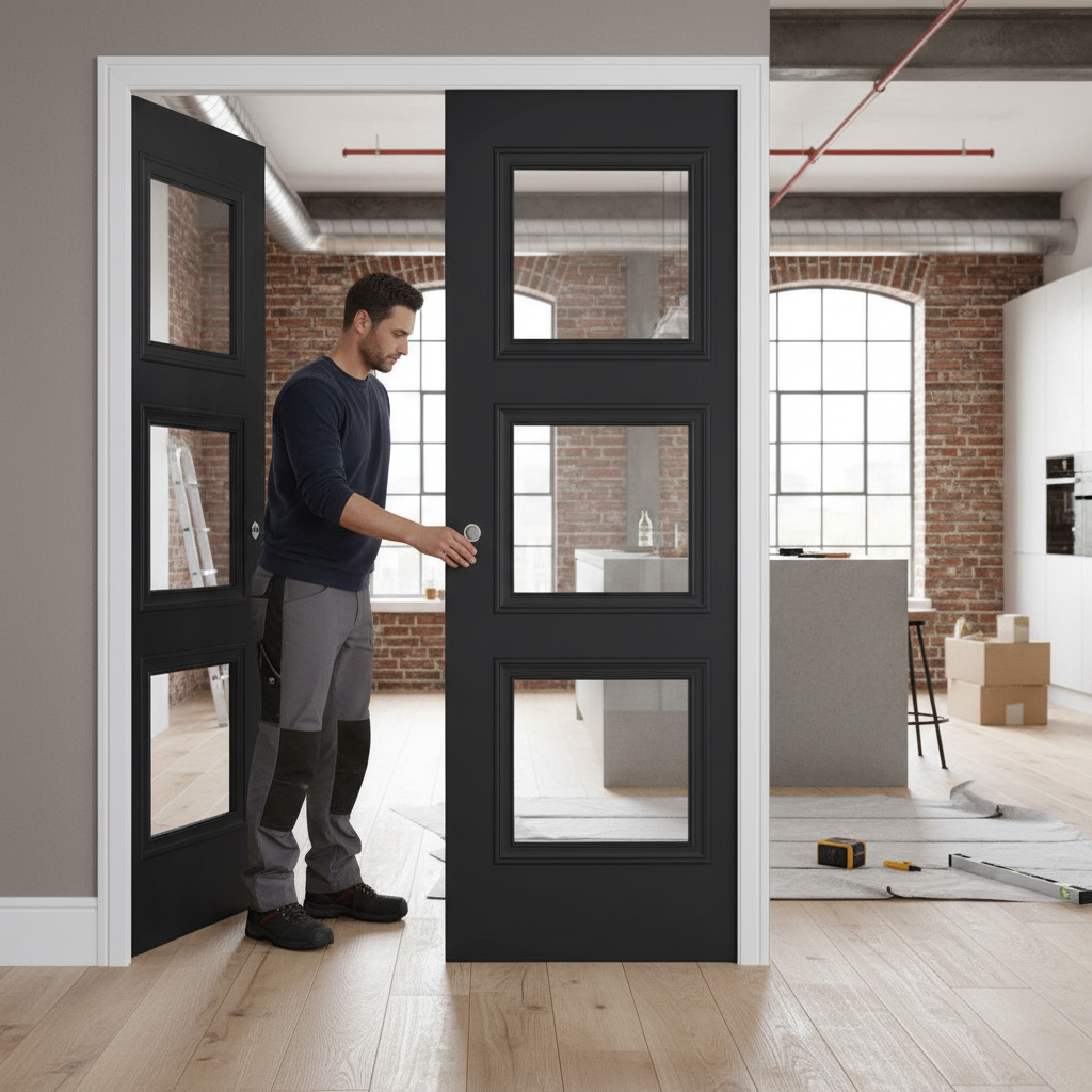 Premium Clear Glazed Double Pocket Door Set with Three Panels and Galvanized Steel Frame for Modern Interiors