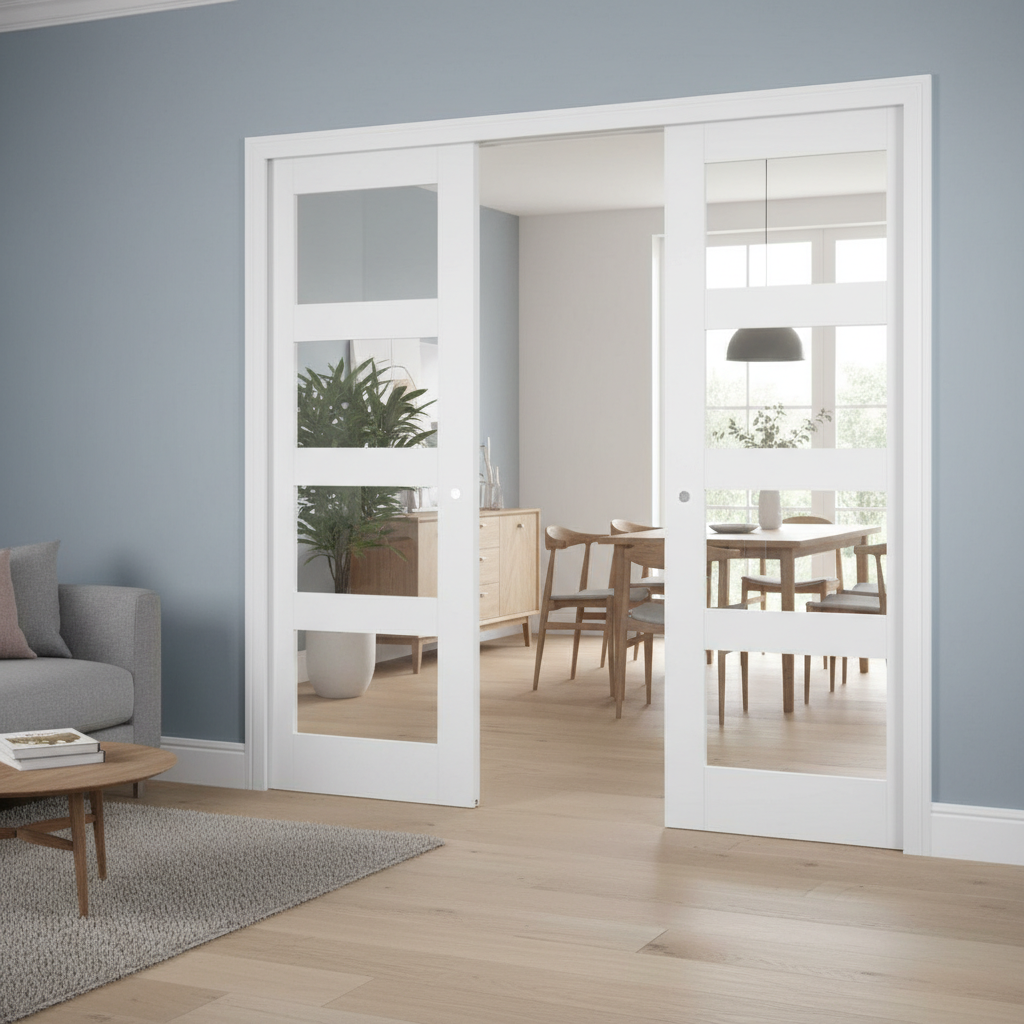 Premium 4 Light Glazed Telescopic Pocket Door System with Wooden Jamb Kit and Smooth Sliding Mechanism