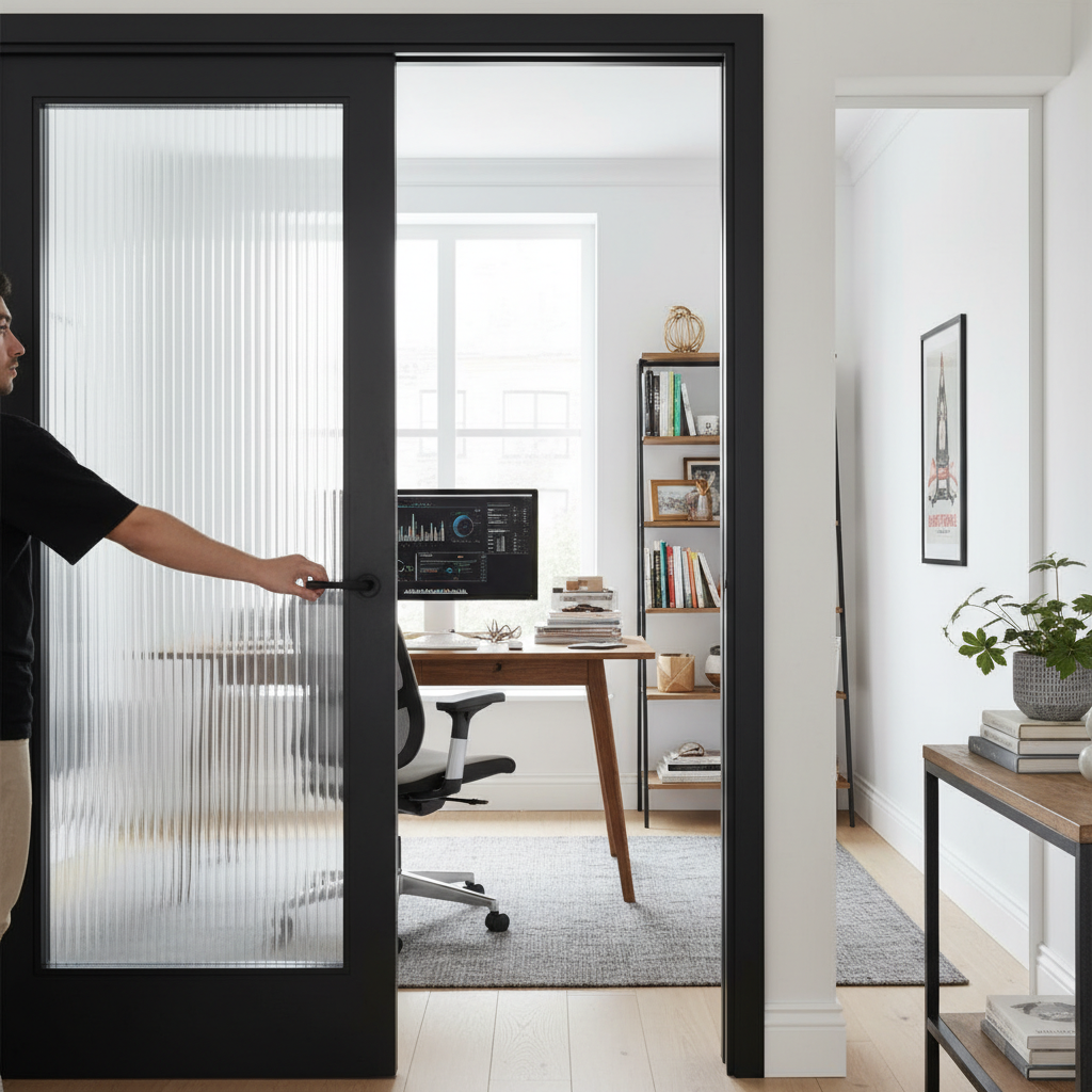 Premium Reeded Glazed Pocket Door Set with Adjustable Frame and Soft Closing Mechanism