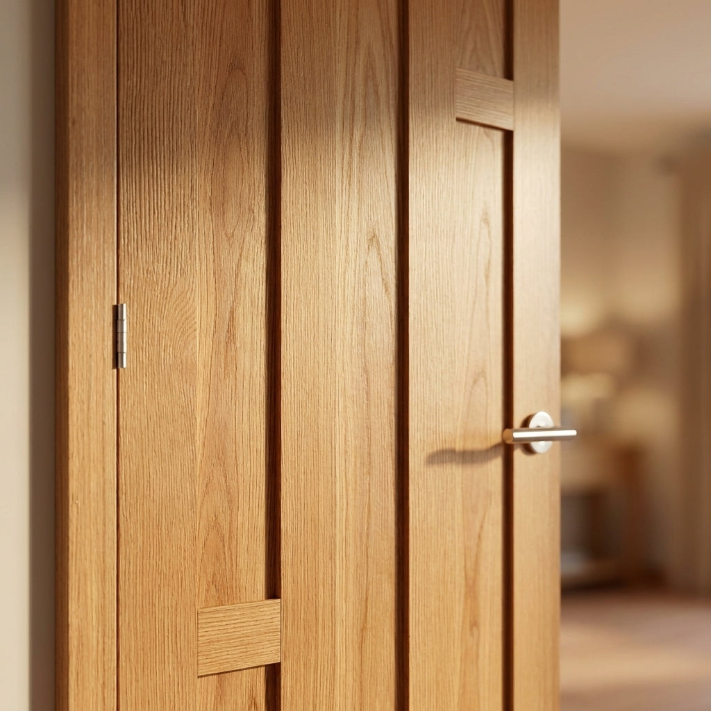 FD30 Fire Door Internal Oak Fully Finished 5 Panel Stamford Design - detail view