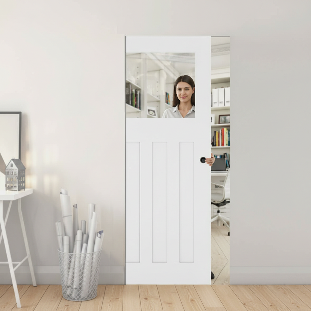 Premium White Glazed Flush Pocket Door Set with No Bottom Track and Adjustable Features for Elegant Space-Saving Solutions