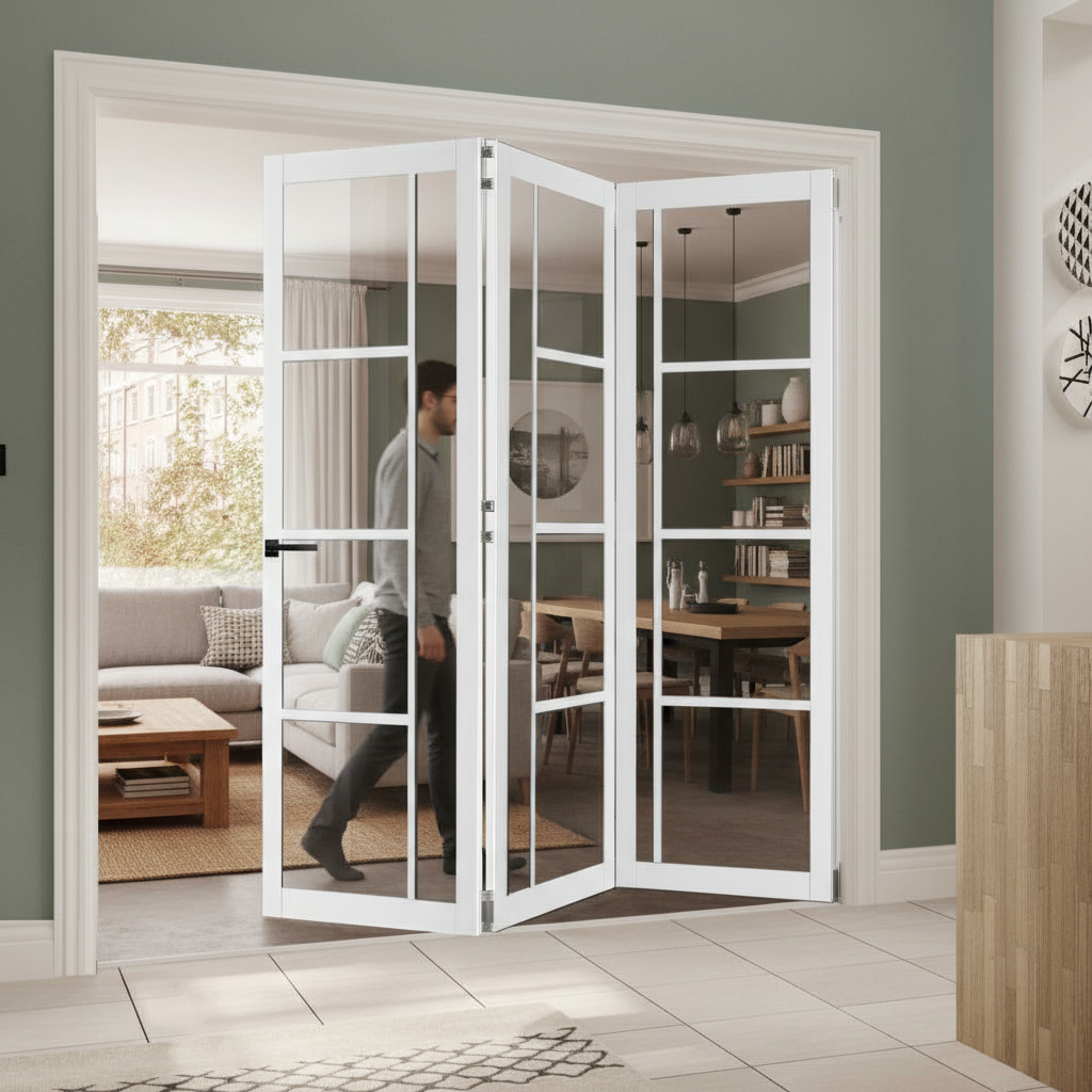 Professional Clear Glazed Industrial Style Room Divider with Bi-Folding Doors for Flexible Room Configurations