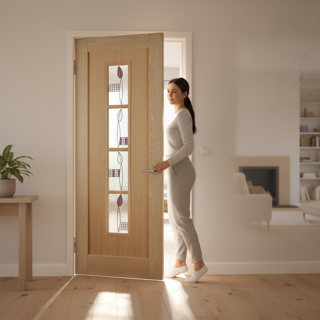 Unfinished Oak Internal Decorative Door with 4 Light Toughened Glass Panels for Enhanced Light Flow and Custom Finishing...