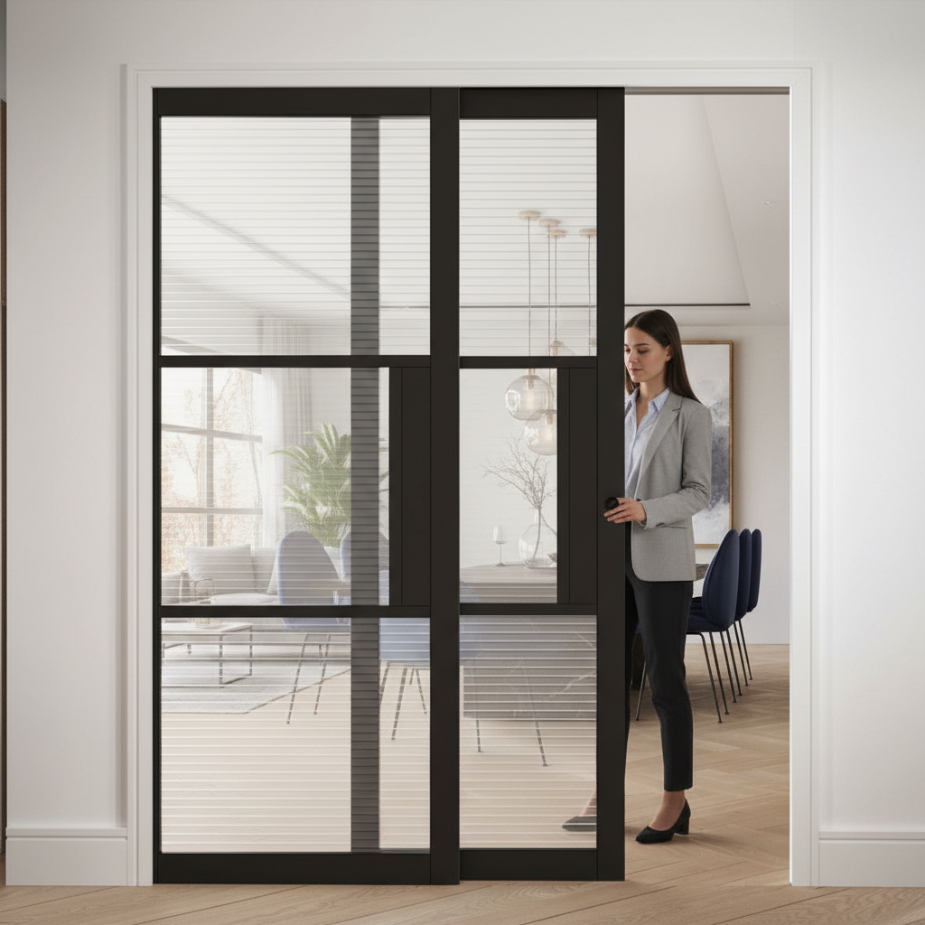 Premium Telescopic Pocket Door System with Reeded Glass, Adjustable Features, and 15-Year Guarantee for Space Efficiency