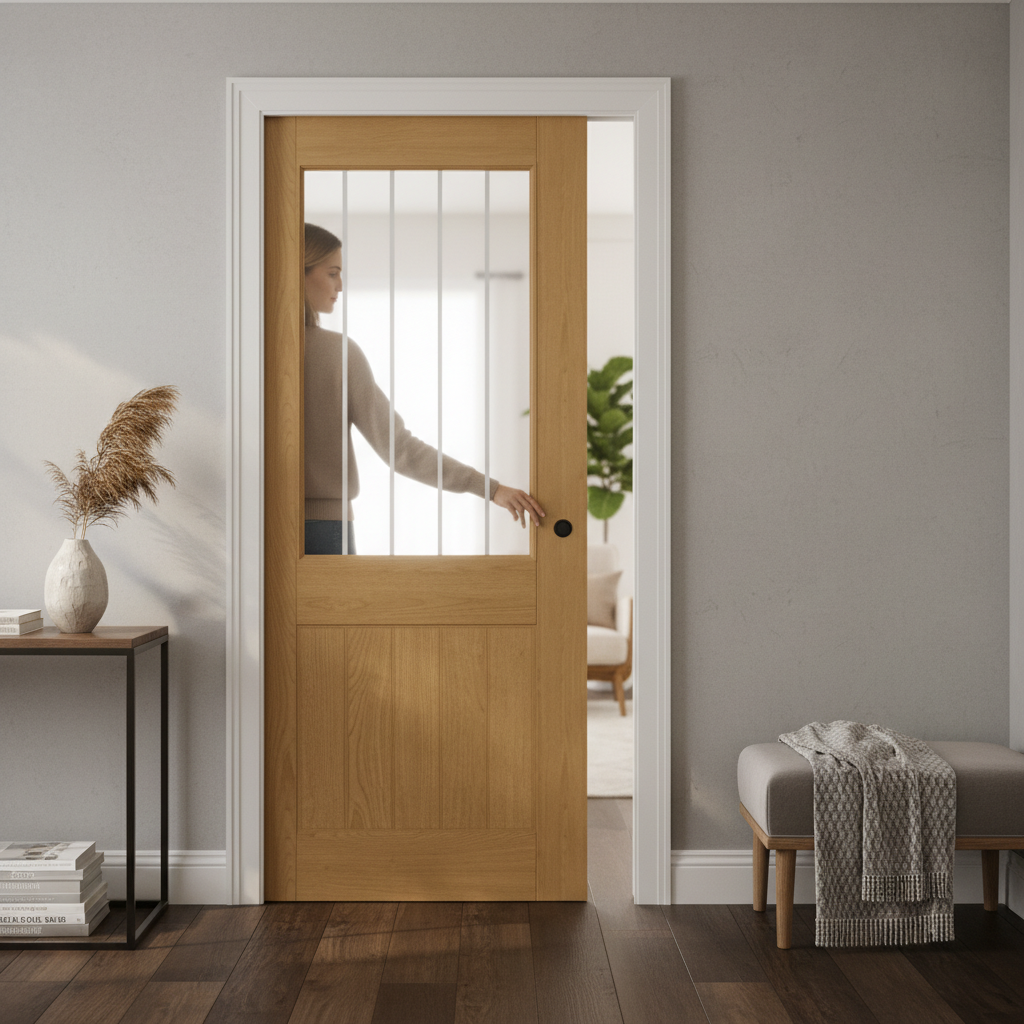 Premium Oak Glazed Pocket Door Set with Galvanised Steel Frame for Modern Homes - High-Quality Professional Grade for Industrial and Commercial App...
