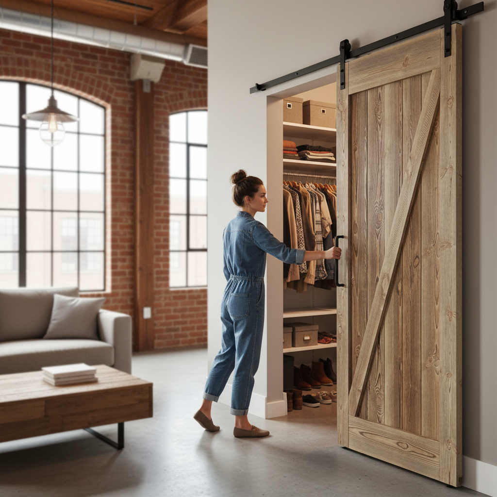Premium Carbonised Internal Pine 1 Panel Brace Sliding Barn Door with Black Top Mount for Rustic Elegance
