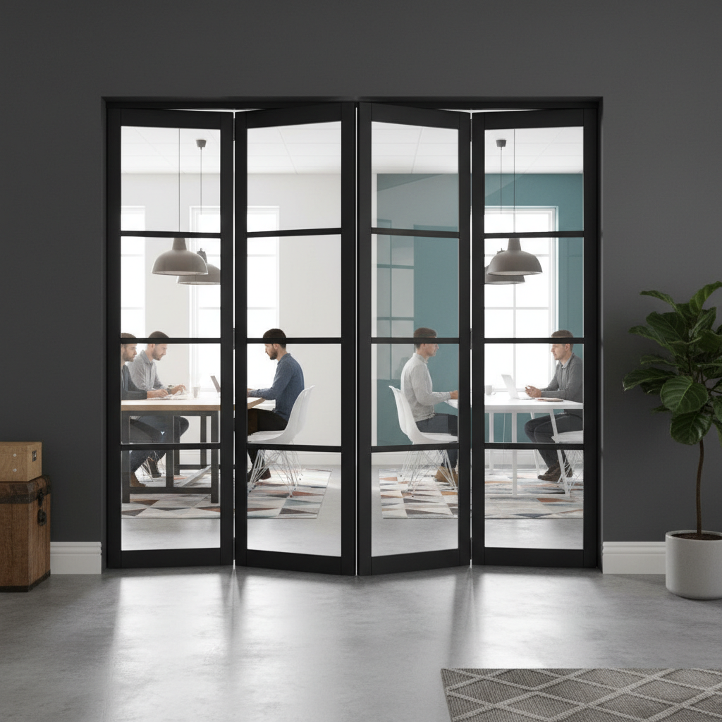Premium Industrial Style Clear Glazed Room Divider with Bi-Folding Doors and Custom Configurations
