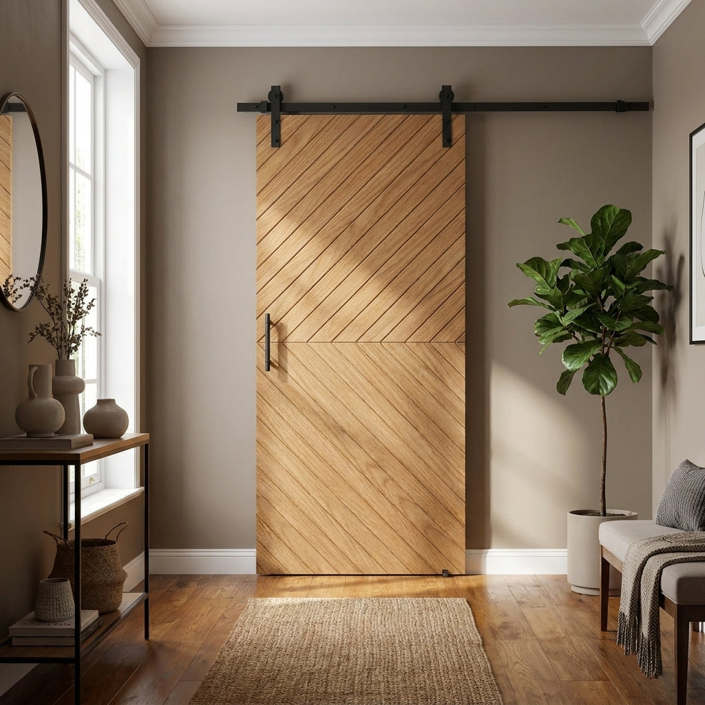 Internal Oak Barn Door Fully Finished Chevron Design with Solid Core