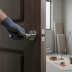 Premium Lancer Lever On Round Rose Bathroom Handle Set with Satin Nickel Hinges and Lock for Stylish Interior Doors