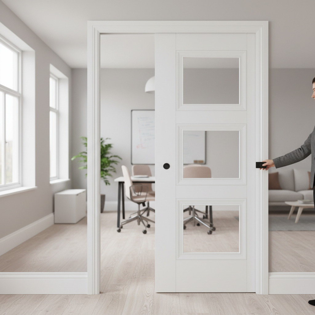 Premium 3L White Primed Glazed Pocket Door Set with Galvanised Steel Frame for Space-Saving Design