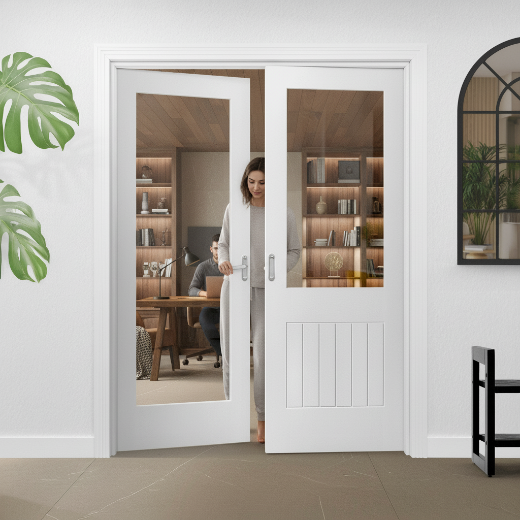 Premium Internal Cottage Style Pair Door with Clear Glass Panel and White Primed Finish for Timeless Elegance - Image 2