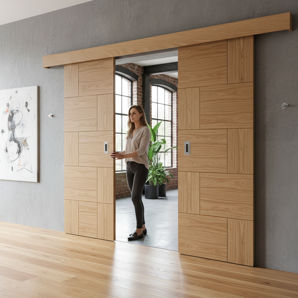 Premium Double Sliding Door System with Oak Pelmet and E-Glide Mechanism for Smooth Operation