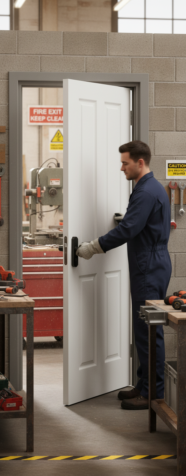 Premium White Moulded Textured 4 Panel Fire Door with Composite Construction - High-Quality Professional Grade for Industrial and Commercial Applic...