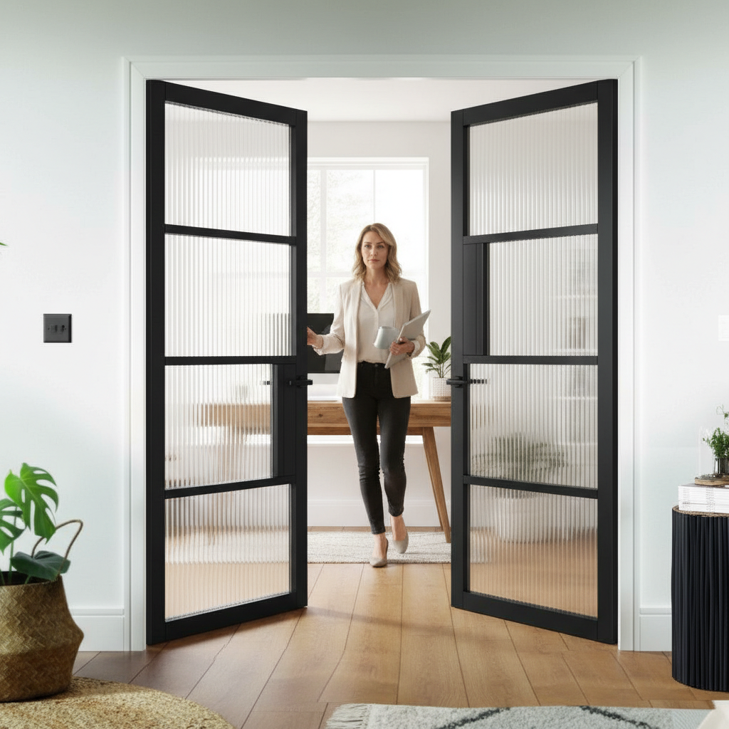 Premium Industrial Style 4L Internal Door Pair with Reeded Glass - Prefinished Black, Solid Engineered Core, 10-Year Warranty