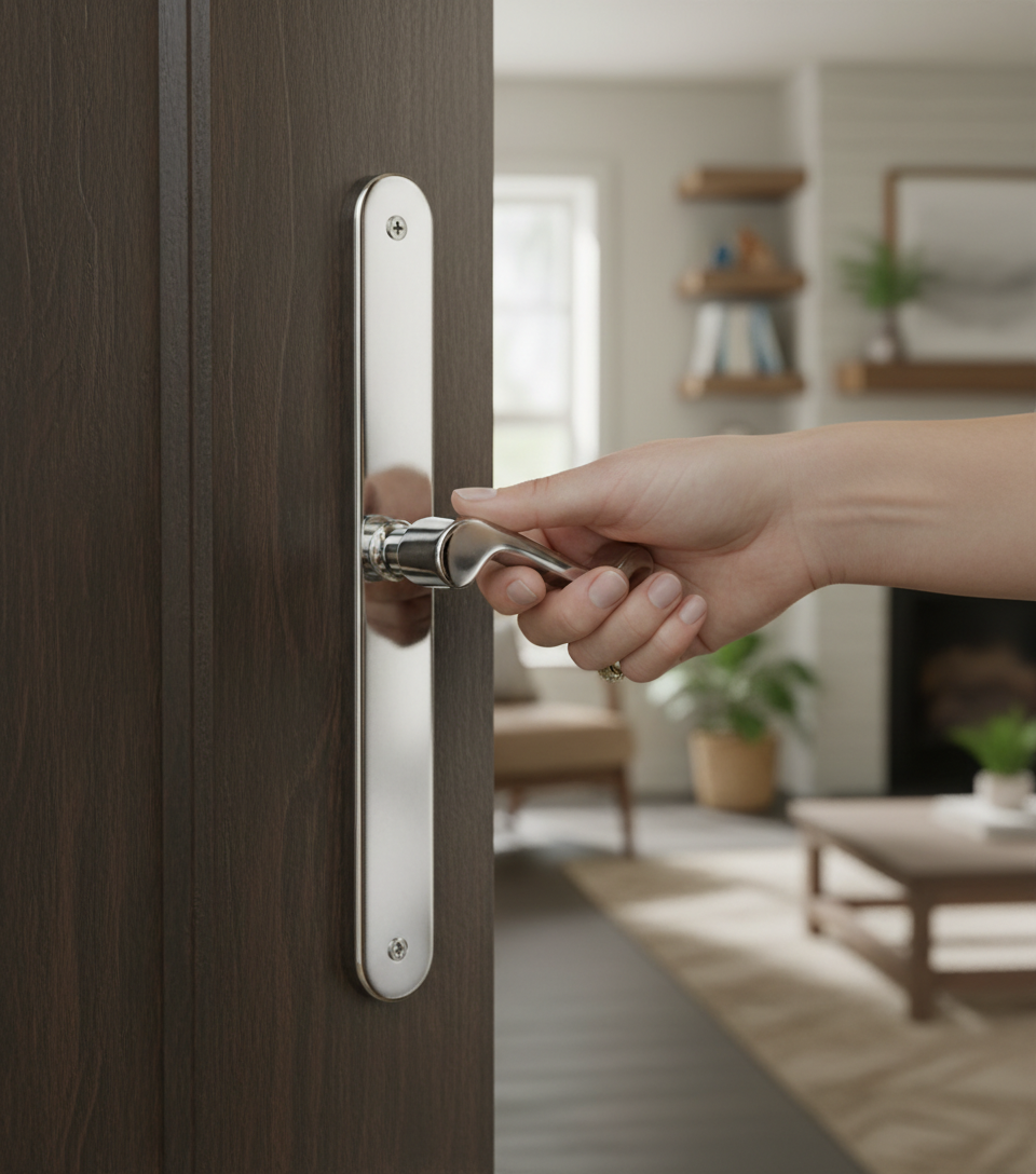 Premium Scroll Lever on Long Rounded Backplate with Discreet Fittings for Enhanced Style and Functionality