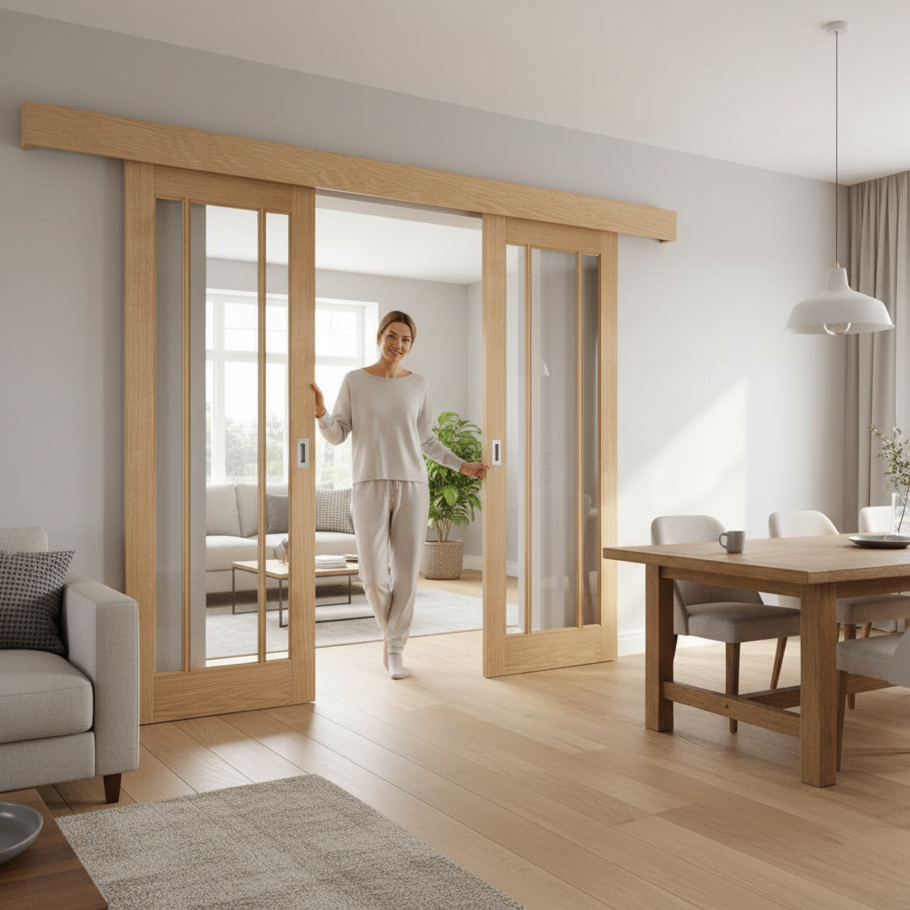 Premium Double Sliding Door System with Clear Glazed Oak Doors and Adjustable Track Mechanism for Internal Use