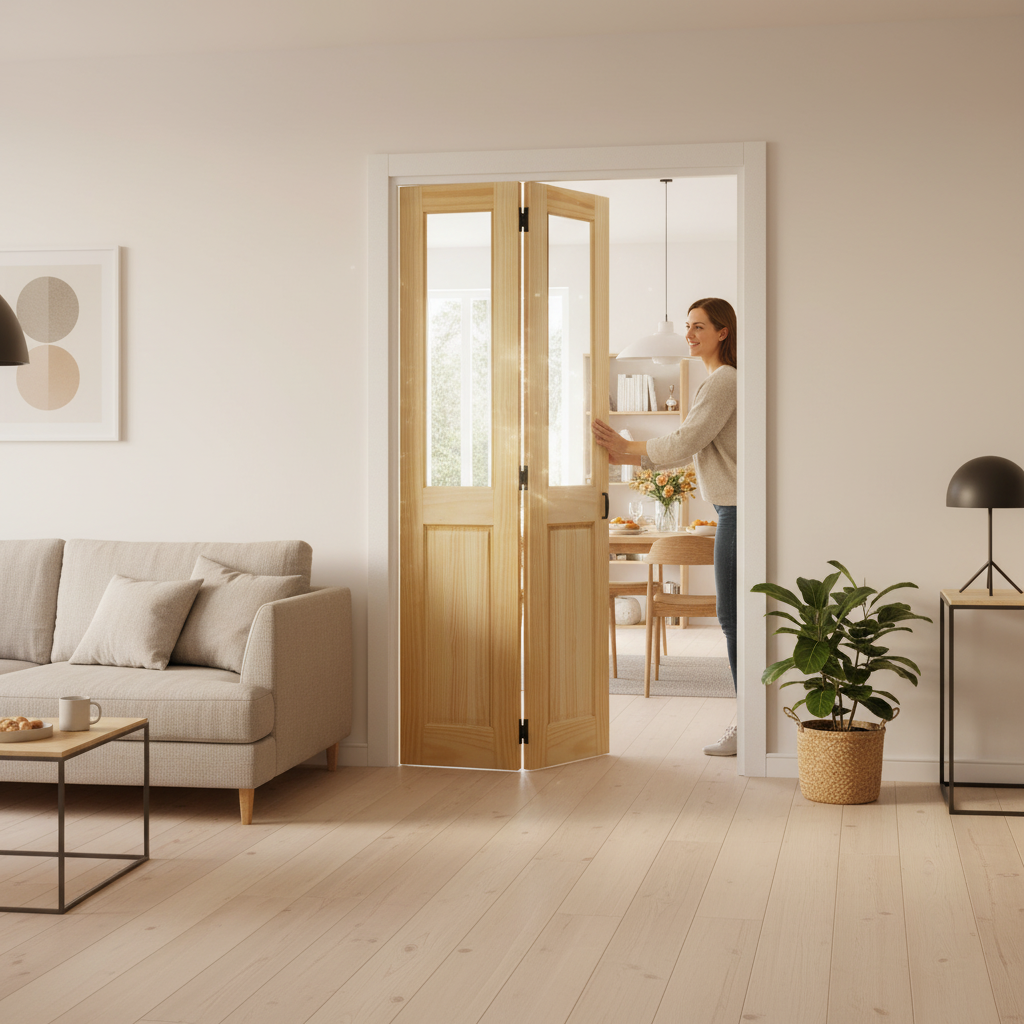 Clear Pine Internal Unfinished Bi-Fold Door with 4 Panels and 2 Light Clear Glass for Modern Spaces - Image 2