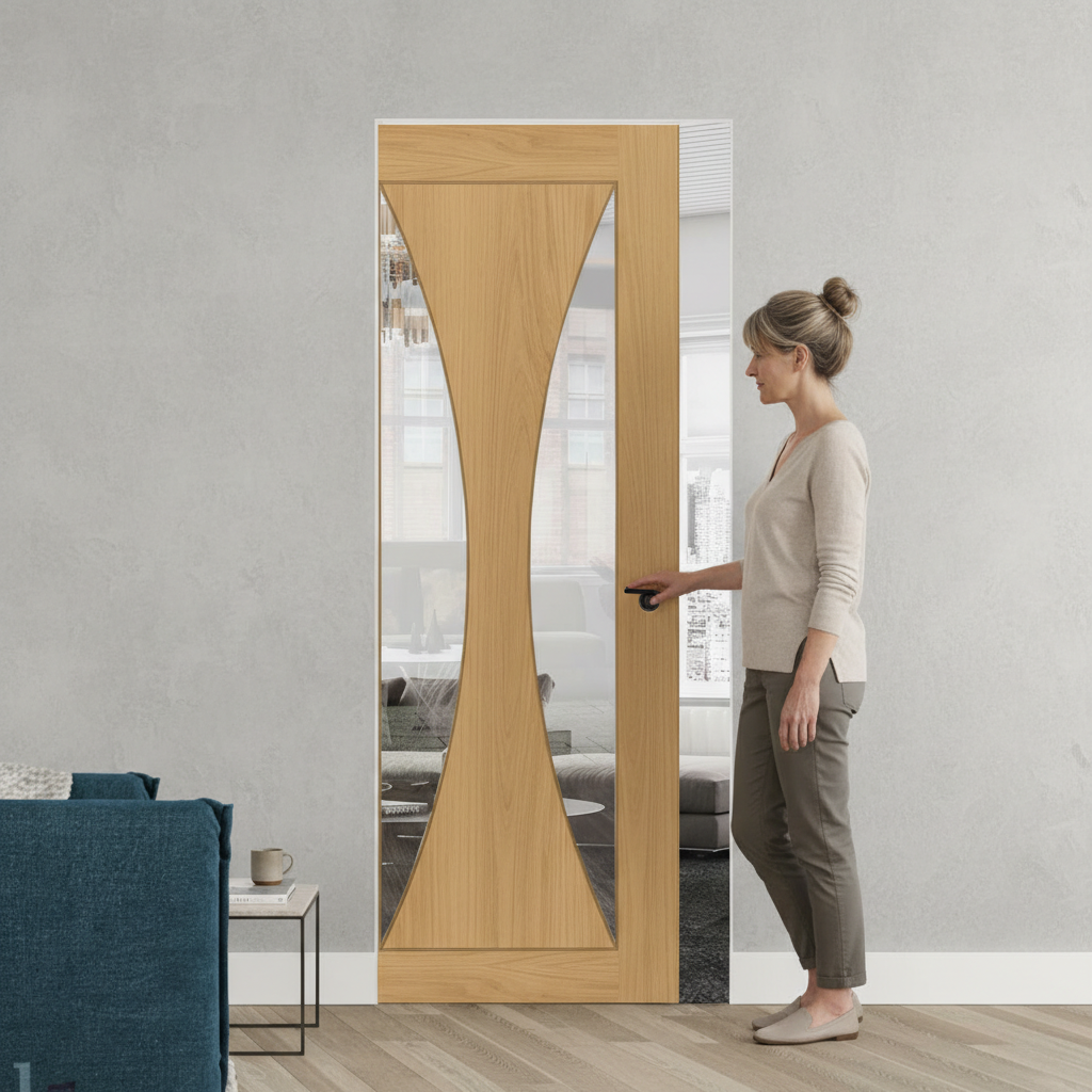 Premium Clear Glazed Flush Pocket Door Set with No Bottom Track, Adjustable Doorstop, and 15-Year Guarantee for Elegant Space-Saving Solution