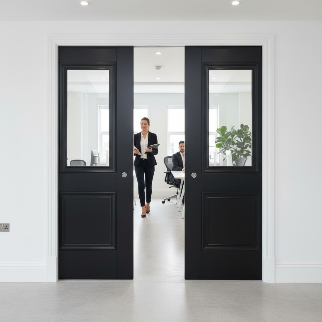 Premium Clear Glazed Double Pocket Door Set with Elegant Panels and Galvanised Steel Frame for Space-Saving and Versatile Use