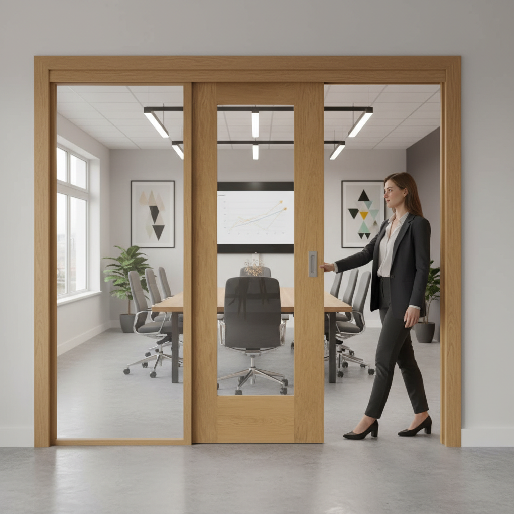 Premium Oak Pattern 10 Sliding Door System with Fixed Panel - Versatile Room Divider with Custom Design Options