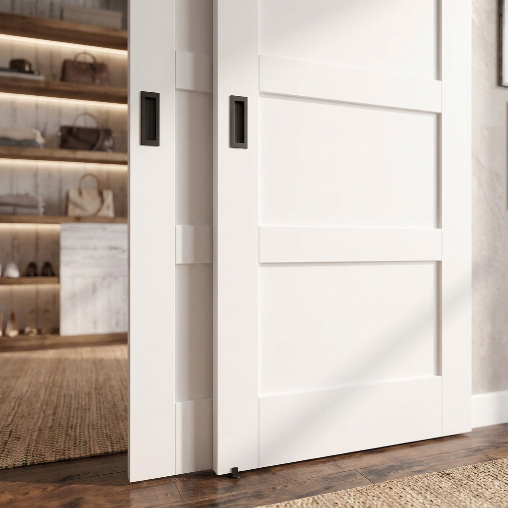 Internal White Primed Shaker 4 Panel Bypass Sliding Door with Black Face Mount - detail view
