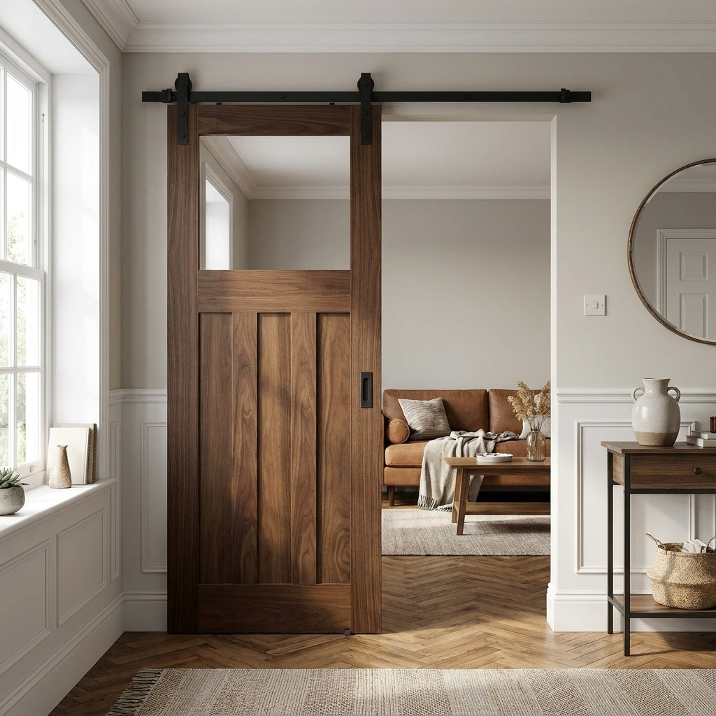 Internal Sliding Door in Walnut with Clear Glass, Fully Finished, Black Top Mounted