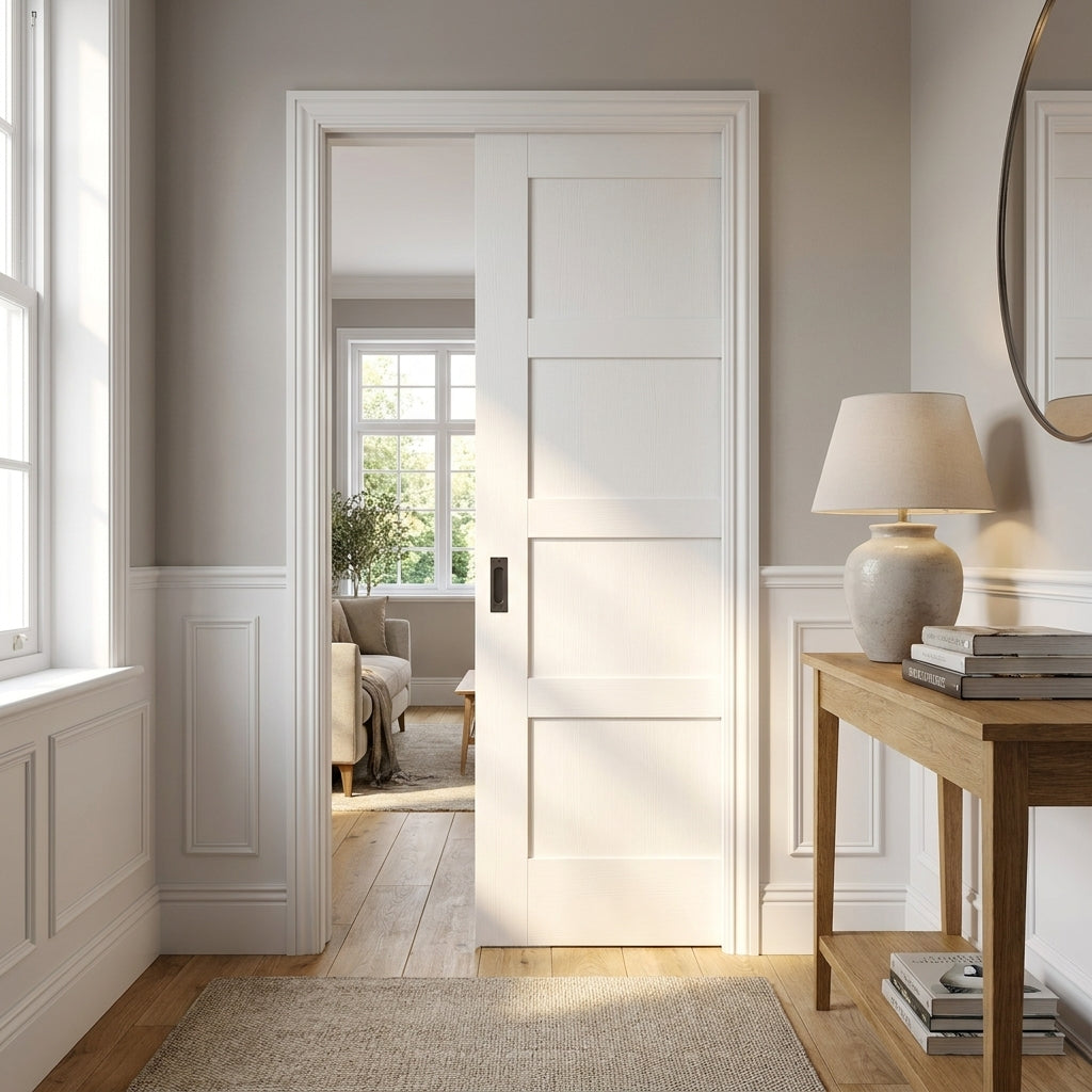 Internal Pocket Door Set White Primed Shaker 4 Panel 100mm Solid Core
