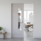 Premium Glazed Flush Pocket Door Set with Diagonal Ash Veneer, No Bottom Track, and Adjustable Doorstop for Modern Spaces