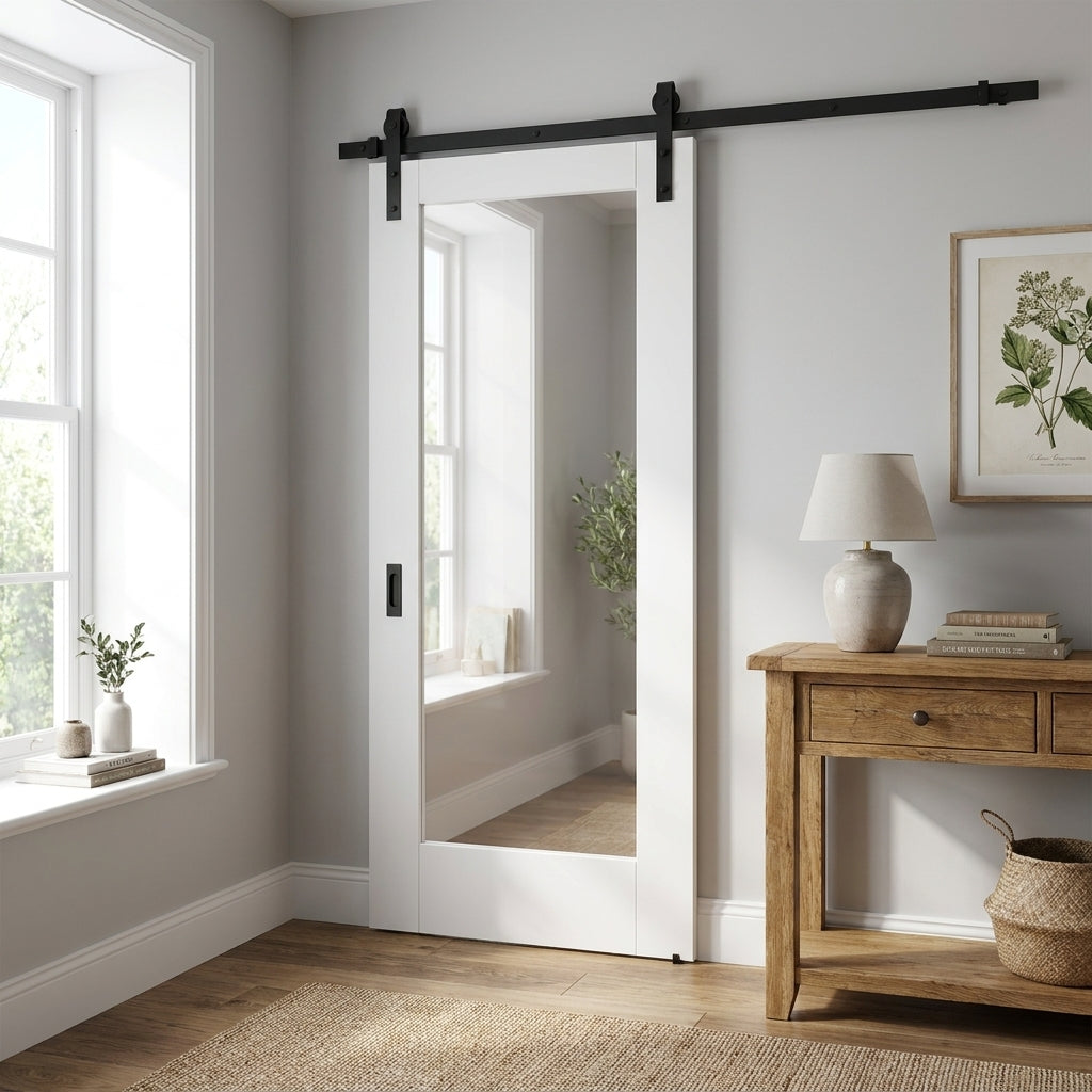 White Internal Door with Clear Glass Glazing, Solid Core, Primed Finish